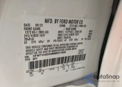 2021 Ford Mustang Mach-E Gt из США, поврежденный, VIN 3FMTK4SX9MME01909